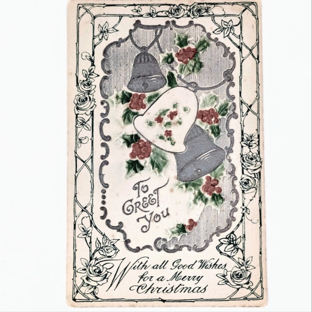 Antique Christmas Postcard Holly Bells Embossed B.B. Ltd London England